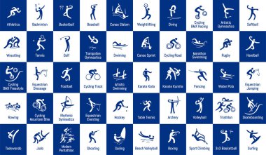 Yaz sporları ikonları seti, web, baskı ve diğer projeler için vektör piktogramları. Çok sporlu dünya etkinliği.