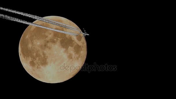 Volle maan en vliegtuig, Jet Plane time-lapse, beweging — Stockvideo