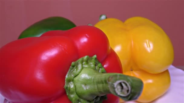 Roter, grüner und gelber Paprika in Nahaufnahme, Detail, Makro — Stockvideo