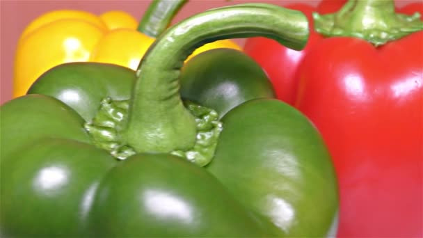 Rode, groene en gele Paprika dicht omhoog, Detail, Macro — Stockvideo