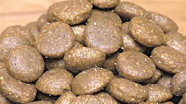 Suchý pes potravin bílá a modrá keramická psi mísa - detail, zblízka, makro — Stock video