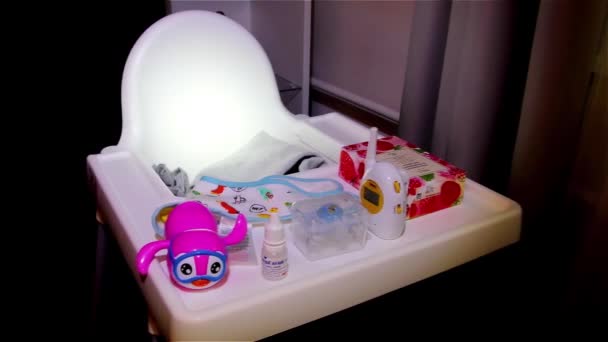 White Baby High Chair Kids Wireless Baby Monitor — стокове відео
