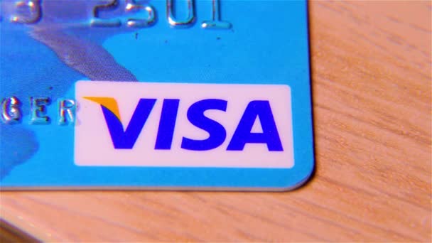 Plastic Bank Credit Card Kleurrijke Kaart Close — Stockvideo