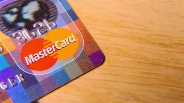 Plastic Bank Credit Card Kleurrijke Kaart Close — Stockvideo