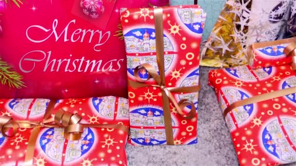 Karácsonyi Ajándékdobozok Karácsonyi Újévi Ajándékok Közelkép — Stock videók