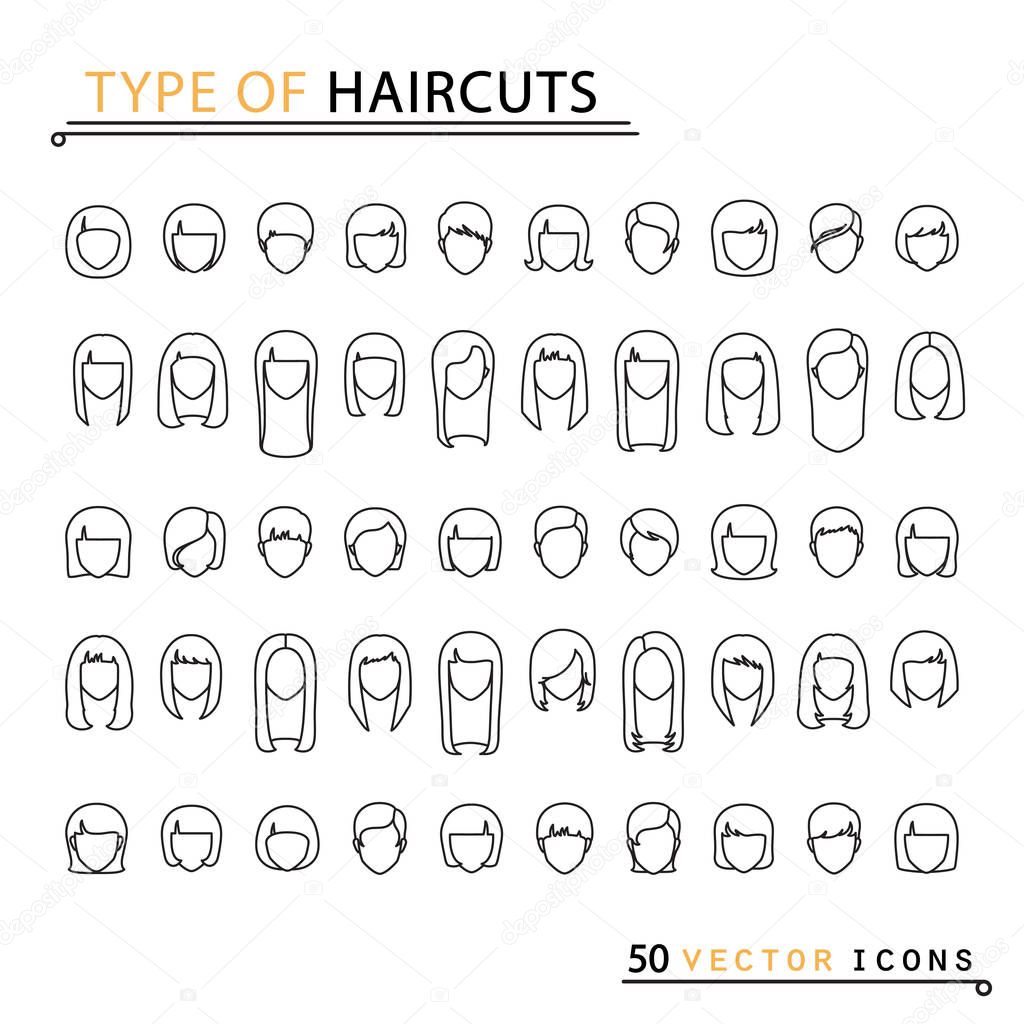 Type of haircuts. 50 thin line icons. Isolated object. EPS 10