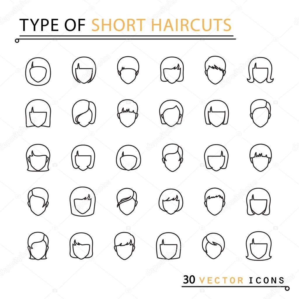 Type of short haircuts. 30 thin line icons. Isolated object. EPS 10