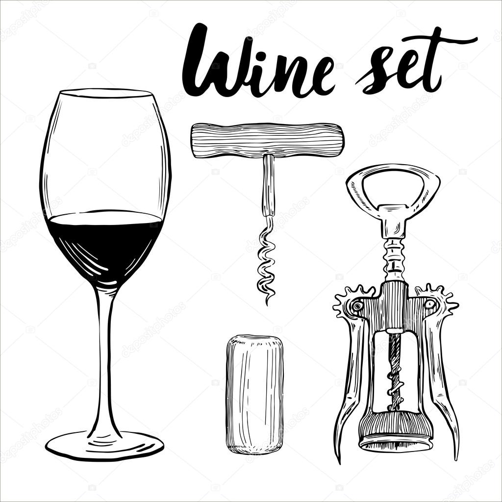 Wine,glass, cork, corkscrew. set in ihand drawn style.
