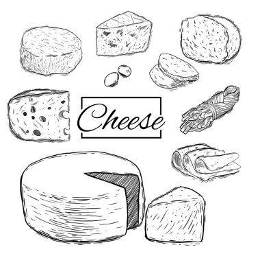 Peynir organik süt tereyağı taze gıda vektör elle çizilmiş çizim ayarla,