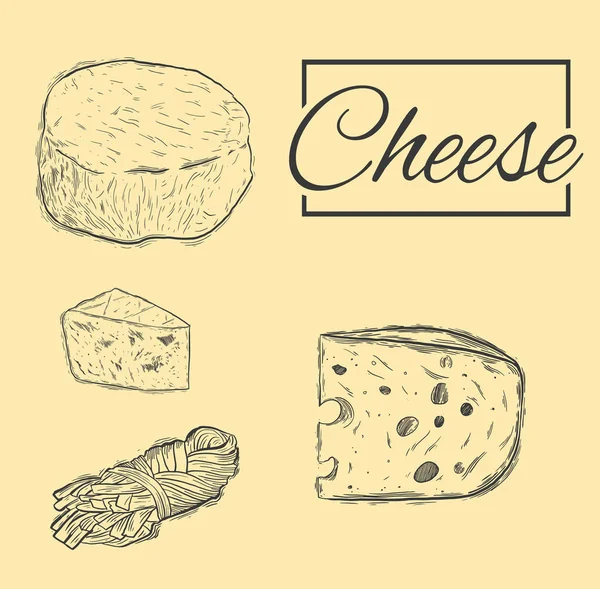 Peynir organik süt tereyağı taze gıda vektör elle çizilmiş çizim ayarla. — Stok Vektör