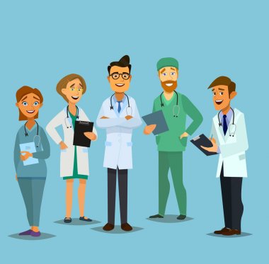 Beyaz bir geçmişi olan takım doktorları. Düz biçimli vektör illüstrasyonu