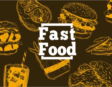 Pub gıda çerçeve vektör çizim. Bira, et, pizza, fast food ve aperatifler elle çizilmiş. Gıda pub tasarım en iyi görünüm için ayarla. Bira restaurant bira restaurant için için vintage oyulmuş illüstrasyon.