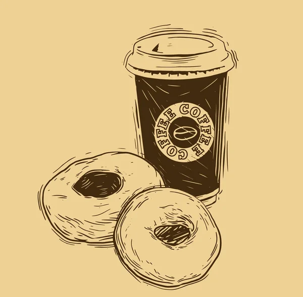 Sketched Silhouette de desayuno americano - dona fresca y una taza de café o café — Vector de stock