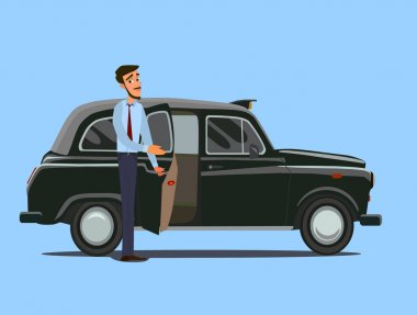 Taksi sürücüsü kavramı. Araba, ulaşım, ulaşım, transfer sembolü veya simge. Vektör çizim