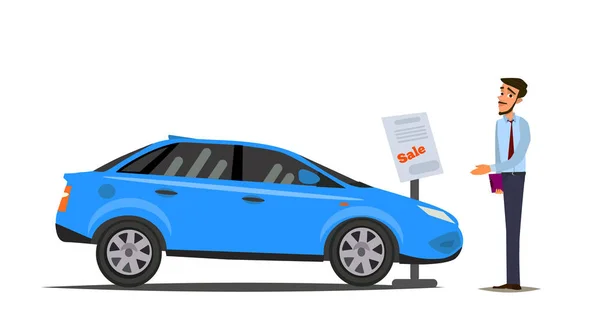 Πώληση ενός νέου αυτοκινήτου. Ο πωλητής στο showroom αυτοκινήτου δείχνει το όχημα. — Διανυσματικό Αρχείο
