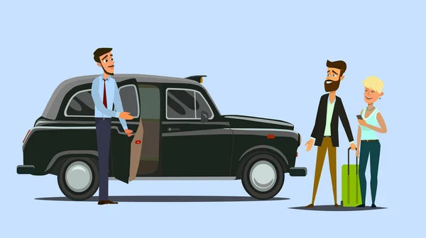 Taxista y clientes de taxi del concepto service.Taxi conductor . — Vector de stock