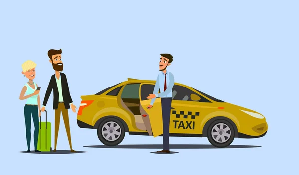 Sarı taksi araba ve taksi şoförü — Stok Vektör