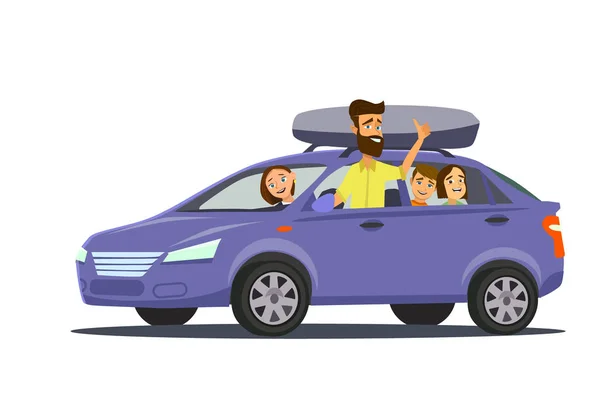 Щаслива сім'я їде на машині у відпустку. Батько, мати, син, дочка і собака вирушають у подорож. Векторні ілюстрації в плоскому стилі — стоковий вектор