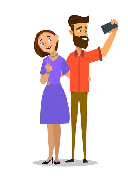 La pareja feliz se hace selfies. El hombre y la mujer son fotografiados juntos. Ilustración vectorial en un estilo plano — Vector de stock