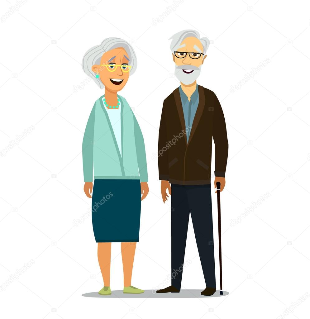 Elderly couple holding hands. Vector illustration in cartoon style