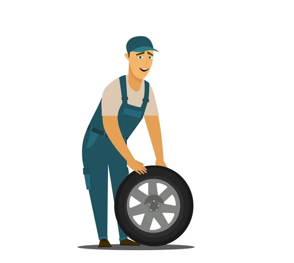 Young mechanic changing wheel at tire service — Stock Vector