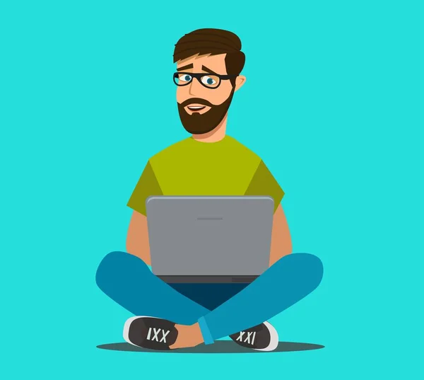 Bearded man sits on the floor and works at a laptop. Remote work via the Internet. Freelancer. Vector illustration in cartoon style — Stock Vector