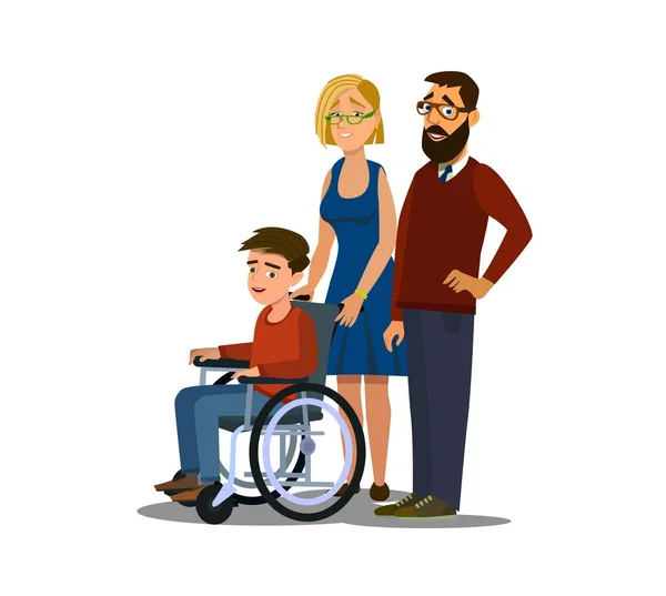Famille joyeuse avec enfant handicapé dans une illustration vectorielle design plat en fauteuil roulant. Caractère design sur les parents et leurs capacités limitées fils ensemble souriant — Image vectorielle