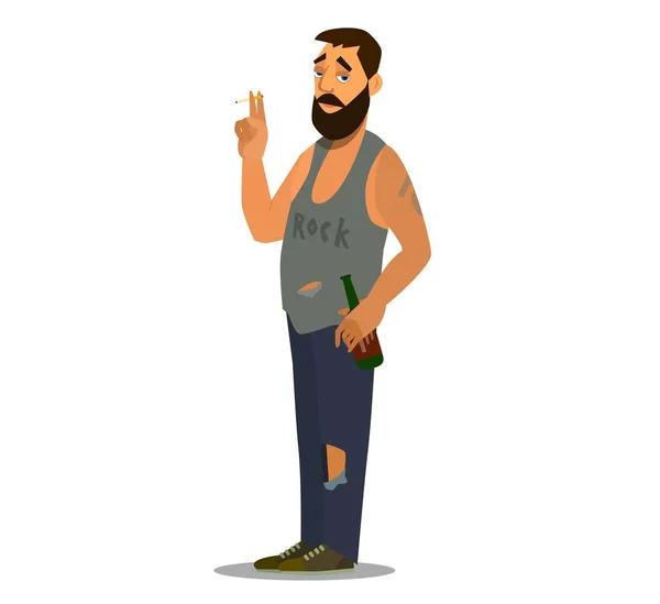 Mrzutý povaleč stojí a kouří cigaretu a pije pivo. Plochý design postavy pro osobu, která má — Stockový vektor