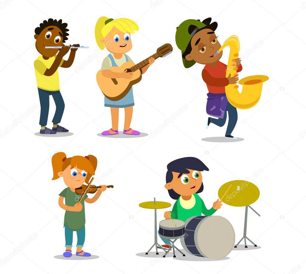 Musical childrens band on a white background. Singer and musicians. Vector illustration