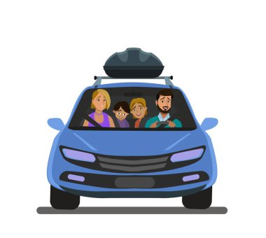 Mutlu aile arabayla tatile gider. Baba, anne, oğul, kız ve köpek bir yolculuğa çıkın..