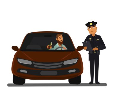 Polis sarhoş sürücüyü kovalıyor. Çizgi film çizimi. Bir polis memuru sarhoş bir sürücüyü durdurdu. Sarhoş bir sürücü. Vektör illüstrasyonu.