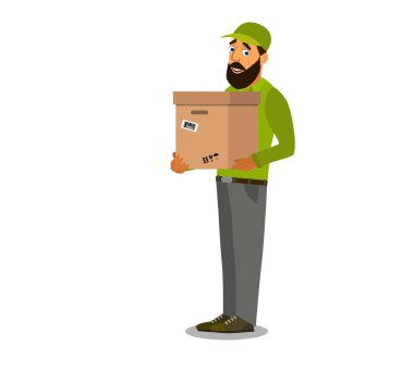 A uniformed courier holds a cardboard box. Courier with a parcel. Vector illustration