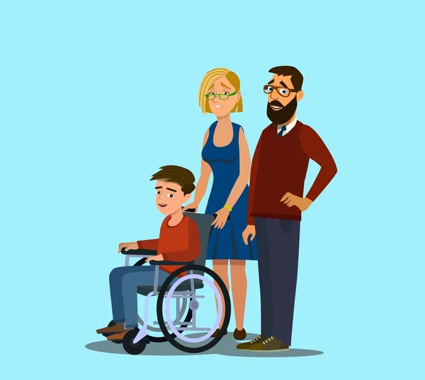 Familia alegre con niño discapacitado en una silla de ruedas ilustración vectorial de diseño plano. Diseño de personajes en los padres y sus habilidades limitadas hijo juntos sonriendo — Vector de stock