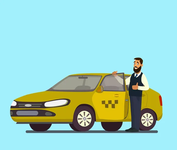 Bir yolcu için bekleyen deneyimli taksi şoförü önünde onun taksi — Stok Vektör