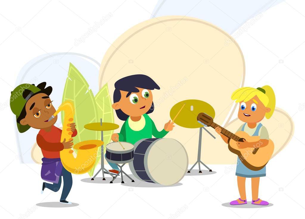 Musical childrens band on a white background. Singer and musicians. Vector illustration