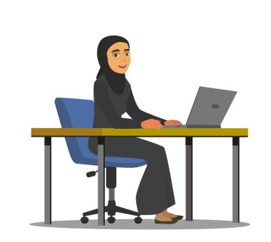 Arab woman in a modern suit and traditional Islamic burka. Arabic people. Cartoon flat vector illustration. Objects isolated on a white background.