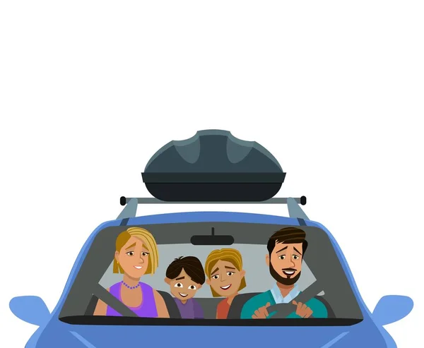 Feliz familia montando en un coche. Viaje en bicicleta — Vector de stock