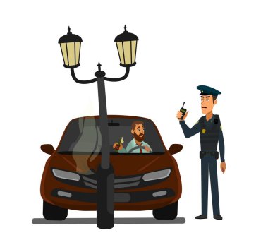 man alcohol test A drunk driver crashed into a pole. arrest of a drunk driver. vector illustration.