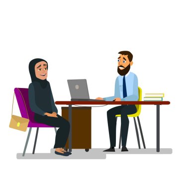 A girl in a burqa is being interviewed for a job. Employment. A girl in a burqa.