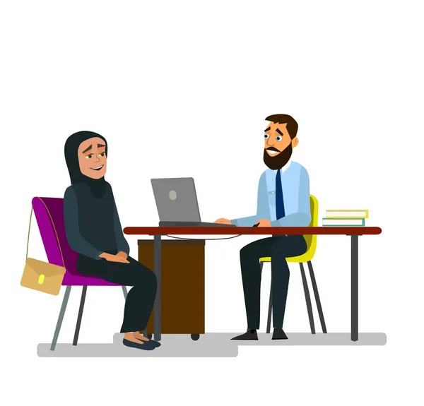 A girl in a burqa is being interviewed for a job. Employment. A girl in a burqa. — Stock Vector