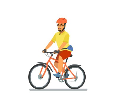 A happy man, dressed in sportswear and a helmet, is riding a Bicycle. Bike ride. Cyclist. Leisure and active recreation. Vector illustration