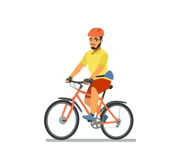 Un hombre feliz, vestido con ropa deportiva y casco, va en bicicleta. Paseo en bicicleta. Ciclista. Ocio y recreación activa. Ilustración vectorial — Vector de stock