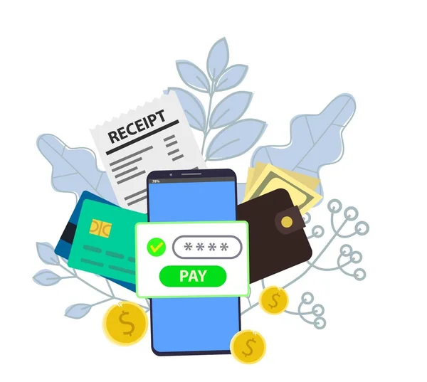 Notification on financial transaction. Smartphone with electronic bill. Coints and card on background. Vector illustration — Stok Vektör