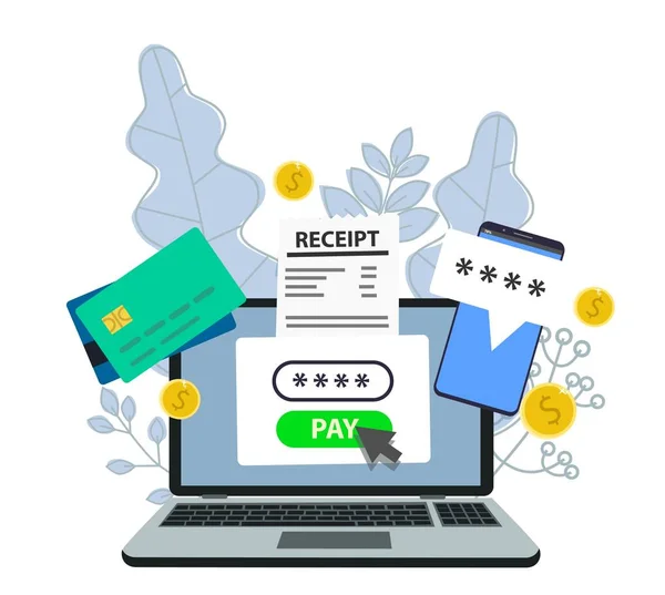 Meldung einer Finanztransaktion. Laptop mit elektronischer Quittung. Online-Zahlungsbestätigung per Sms. — Stockvektor