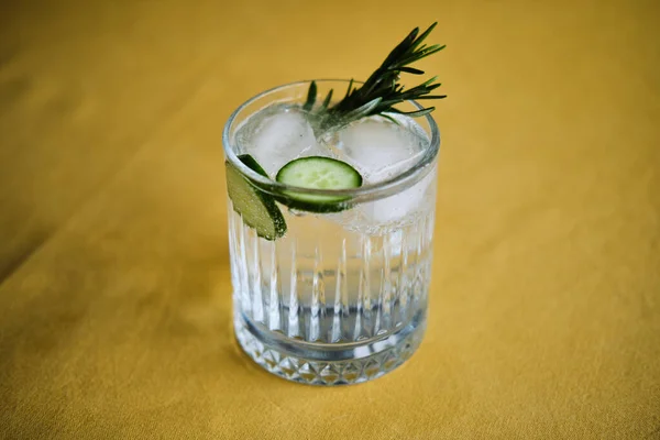 Alcoholic drink gin tonic cocktail with cucumber, rosemary and ice