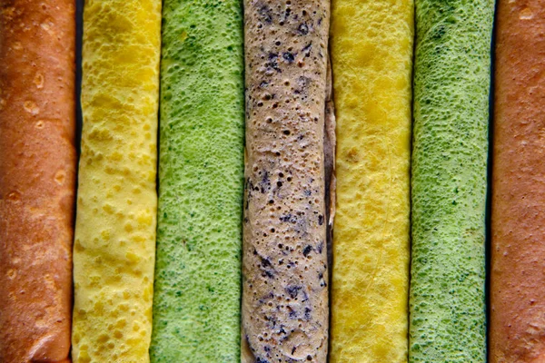 Panqueques Diferente Color Espinacas Remolacha Polvo Arándanos Crepes Cúrcuma — Foto de Stock