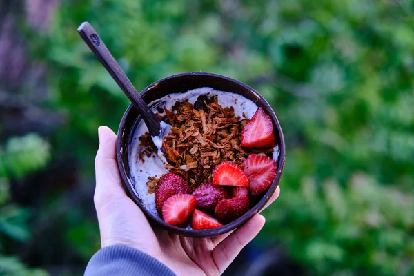 酸奶加草莓和麦片 放在椰子碗里吃 健康小食 — 图库照片