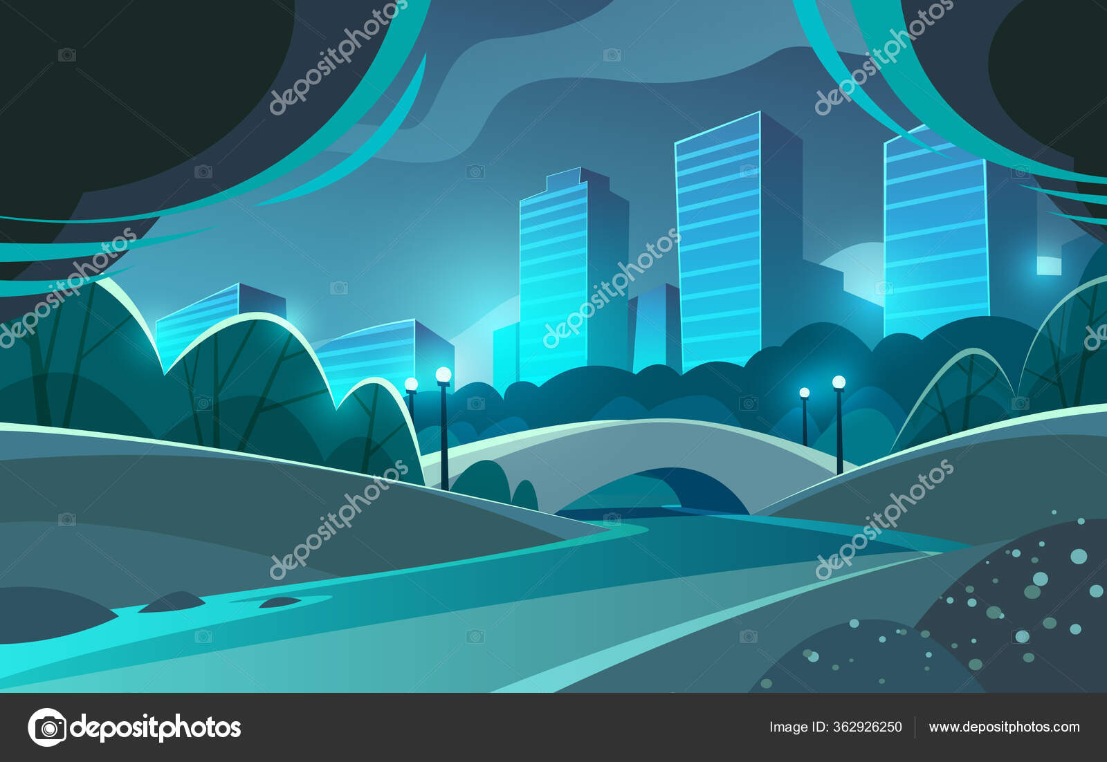 Night City Calm And Beautiful Park With River And Bridge Cityscape Landscape Stock Vector Image By C Mikalaimanyshau