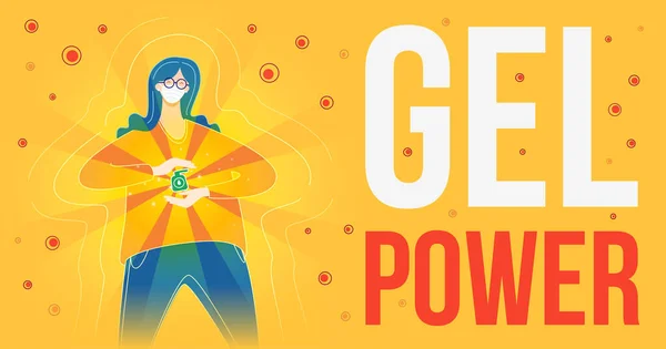 Gel Power. A girl in a mask holds a sanitizer. — Stock Vector