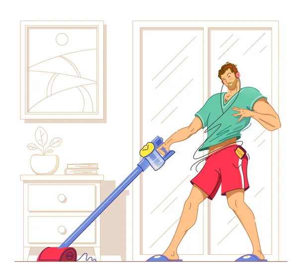 Hombre feliz limpiando casa, bailando con aspiradora y divirtiéndose, copiando espacio. Ilustración vectorial . — Archivo Imágenes Vectoriales